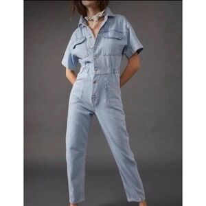 Free People We The Free Denim Utility Jumpsuit Light Wash Short Sleeve XS